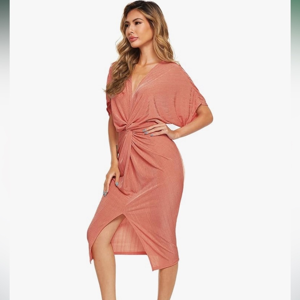 Women's Short Sleeve V Neck Twist Front Split Midi Dress Terracota/Orange Size L